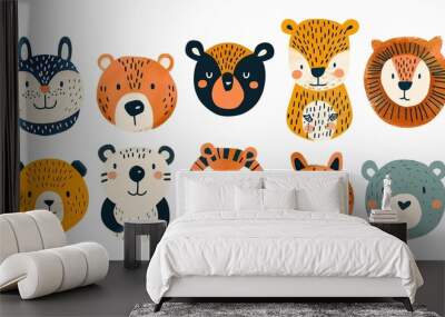 Hand drawing of many different cute round shaped animal faces on a white background. The images are full of detail and have a cute and cheerful impression. Wall mural