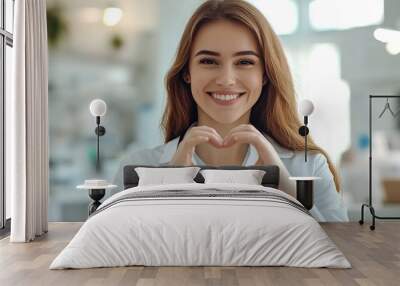 Happy smiling female doctor making heart shape with her hands in hospital office. Caring, health and love concept Wall mural