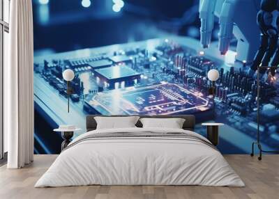 High-tech motherboard computer processor chips manufacturing technology. Computing power and circuitry in modern electronic board. Wall mural