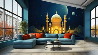 Illustration of Islamic mosque with dome and minarets at night. Eid Mubarak, Eid Al-Fitr and Ramadan Kareem concept background. Wall mural