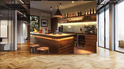 Kitchen with counter and mini bar with wooden chairs. The kitchen is well lit and has a modern design Wall mural