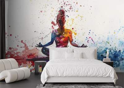 Painting of a woman sitting cross-legged in a meditation position with colorful paint splashes on a white background Wall mural