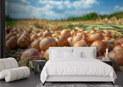 Pile of freshly harvested onions in a wide green field Wall mural