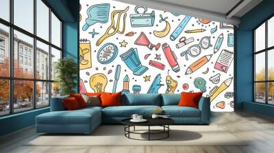 Set colorful hand drawing of school supplies of various items such as pencils, pens, notebooks, backpacks and others on white background. Wall mural