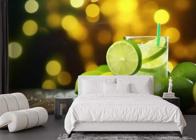 Slice of fresh lime on a wooden table on blurred city light background. Wall mural