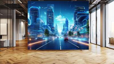 Smart city with futuristic street and holographic display for advance infrastructure concept. Created with Generative AI Wall mural