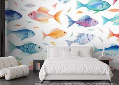 Watercolor fishes seamless pattern in hand drawn style isolated on white background. Wall mural