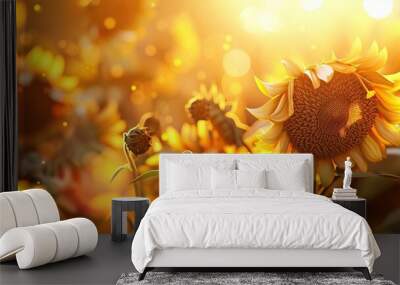 Yellow sunflower field with golden sunset view background. Sunflowers in full bloom and the sun shining brightly create a warm and inviting atmosphere Wall mural