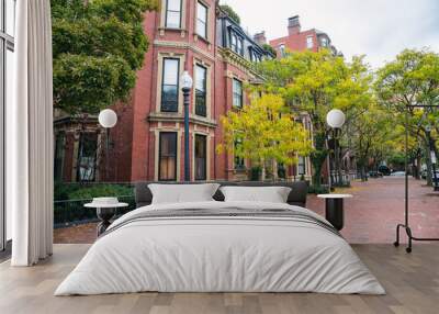 Historic residential buildings along a tree lined sidewalk on an overcast fall day. Boston, MA, USA. Wall mural