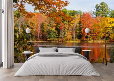 Stunning autumn colours along a river in the countryside of New Hampshire on a sunny fall morning Wall mural