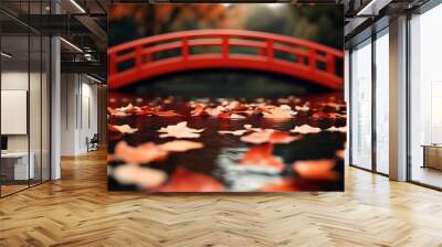 A calm Japanese garden in autumn, with a bright red bridge casting a reflection over a tranquil koi pond, fallen leaves gently floating, Vintage style, Warm sepia tones, Nostalgic mood Wall mural