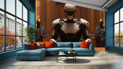 A courtroom scene where a robot stands on trial, metallic hands bound by chains representing the law, the judge sternly delivering the verdict, futuristic ambiance Wall mural