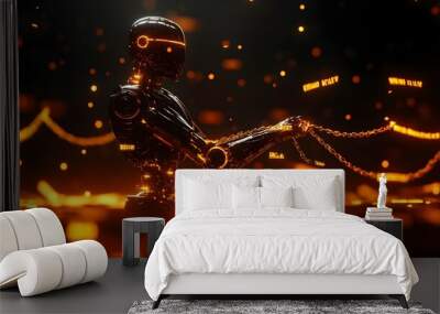 A humanoid robot standing in a dark courtroom, its arms bound by glowing chains made of broken laws, the text from ancient scrolls floating in the air Wall mural