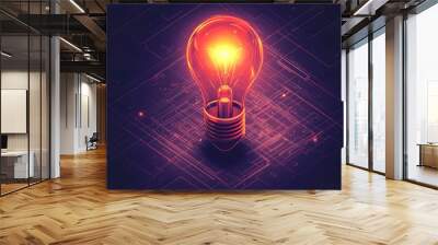 A luminous bulb hovers over a detailed building blueprint, merging creativity and execution, rendered in simple, vibrant flat design Wall mural