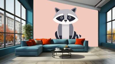 A masked raccoon in a simple pose, flat design, basic shapes, 2D vector art, light pastel colors Wall mural