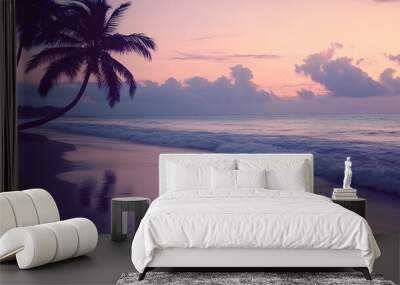 A peaceful beach at dusk, palm trees silhouetted against a violet sky, gentle waves washing over the shore, Vintage, Sepia tones, Retro style, calm and nostalgic Wall mural