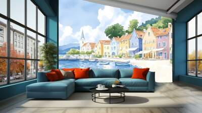 A serene coastal village with vibrant, multicolored houses along the shore, gentle waves kissing the sand, painted in a delicate watercolor style Wall mural