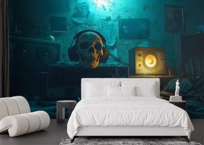 A skull wearing tattered headphones, perched atop cassette tapes and vintage radios, in a dimly lit, nostalgic 1980s bedroom Wall mural