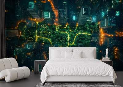 Aerial shot of urban metropolis, massive green park with winding paths, skyscrapers around, seamless blend of technology and nature, cyberpunk aesthetic, bright neon accents Wall mural