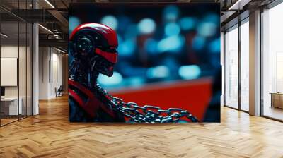 An AI robot, shackled by legal chains, stands in the defendant's box, with a traditional judge and jury observing, blending modern technology with old-world justice focus on, clash of eras, surreal, F Wall mural