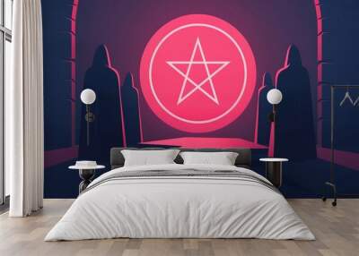 An esoteric gathering of hooded figures around a glowing pentagram, performing an ancient ritual in a secret underground temple, flat design illustration Wall mural