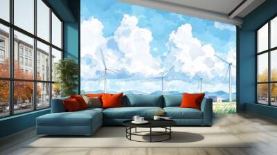 Ancient ruins silhouetted by wind turbines, futuristic energy on historic lands, watercolor style Wall mural