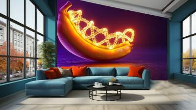 Banana slice with glowing DNA spiral, futuristic genetic research Wall mural