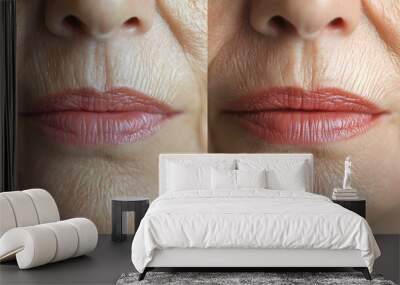 Before-and-after blog images of mouth area wrinkle reduction, showcasing laser treatments, dermal fillers, and natural skin tightening methods, Photorealistic, Clean Lighting Wall mural