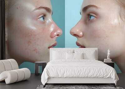 Before-and-after shots of a patient's nose and chin, highlighting clogged pores and blackheads before treatment and visibly clearer, refined skin post-cleansing Wall mural