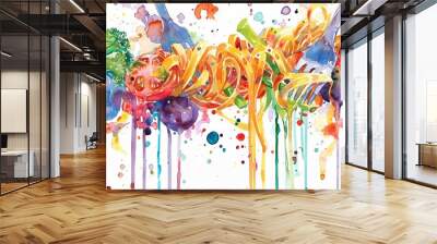 Charming watercolor of Pasta Primavera at a family dinner, each forkful laden with colorful vegetables and dripping sauce Wall mural