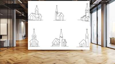 Church One line drawing isolated on white background template Wall mural