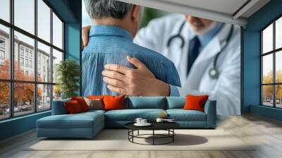 Close-up of a doctor's comforting hand on the patient's shoulder, soft expressions, medical setting, patient preparing for a vaccine Wall mural