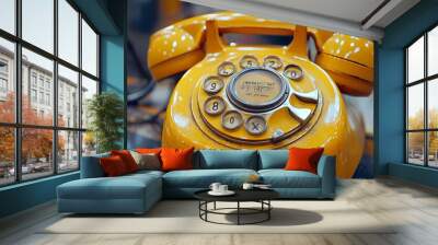 Close-up of a yellow vintage rotary phone, each number on the dial crystal clear, set on a bold matching background, soft shadows adding depth Wall mural