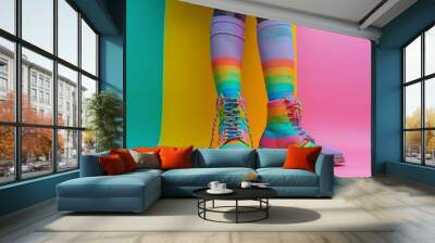 Close-up of legs wearing colorful rainbow shoes, rich and vivid hues, detailed textures, set against a simple backdrop to emphasize the design Wall mural