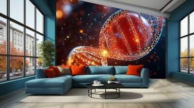 Close-up of papaya with a glowing DNA helix inside, illuminated against dark background, symbolizing genetic engineering and cellular study Wall mural