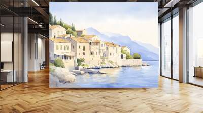 Coastal village perched on a cliff, bright facades reflecting warm evening light, watercolor and oil painting fusion, long dramatic shadows Wall mural