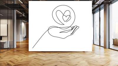 Continuous one line drawing hand holding heart. Charity donation linear symbol template  Wall mural