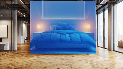 Cozy blue boys bed with matching pillows, illuminated by two sleek bedside lamps, in a bright white minimalistic bedroom Wall mural