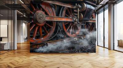 Detailed close-up of old steam train locomotive wheels, showing intricate metalwork, worn textures, and steam rising Wall mural