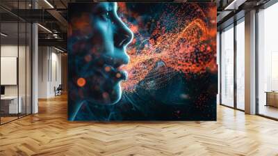 Double exposure of a person speaking and a futuristic digital interface with voice recognition analysis, highlighting sound waves Wall mural