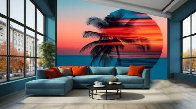 Double exposure of a serene tropical beach, palm trees swaying, and a vibrant sunset melting into the horizon Wall mural