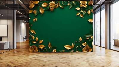 Elaborate golden floral curls on a lush green background, seamless pattern with high contrast, a blend of classic and contemporary design, suitable for luxury product design, 3D rendered. Wall mural