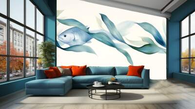 Elegant dance of fish amidst seaweed, flashes of silver and green captured in watercolor Wall mural