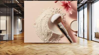 Elegant powder brush touching soft setting powder, with contouring tools on the side, beauty routine essentials Wall mural