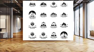 set collection premium wooden cabin and mountain pine forest retro vector black logo design isolated white background Wall mural