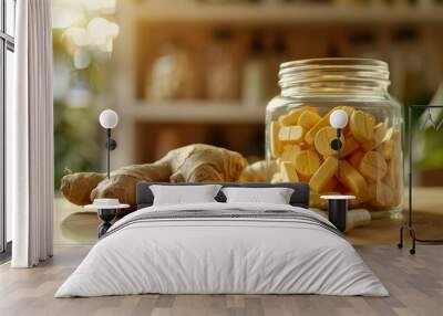 Fresh ginger root jar alongside vitamin pills, natural background, highlighting the essence of medicine and nutritional supplements Wall mural