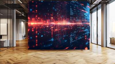 Futuristic speech-to-text software interface overlaid with dynamic soundwaves, double exposure effect, symbolizing advanced AI communication technology Wall mural