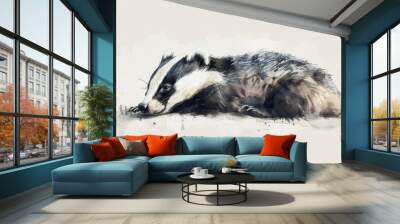 Gentle watercolor depiction of a badger in a relaxed pose, the soft grays and blacks standing out against the isolated white background Wall mural