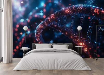 Glowing DNA strand rotating in a virtual space, surrounded by medical holograms, Sci-Fi, Digital art, high contrast, futuristic medical visualization Wall mural