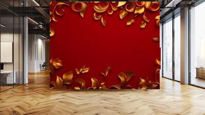 Gold filigree swirls and curls, arranged in a seamless pattern, deep ruby red backdrop, classic vintage style, metallic texture, elegant and sophisticated. Wall mural